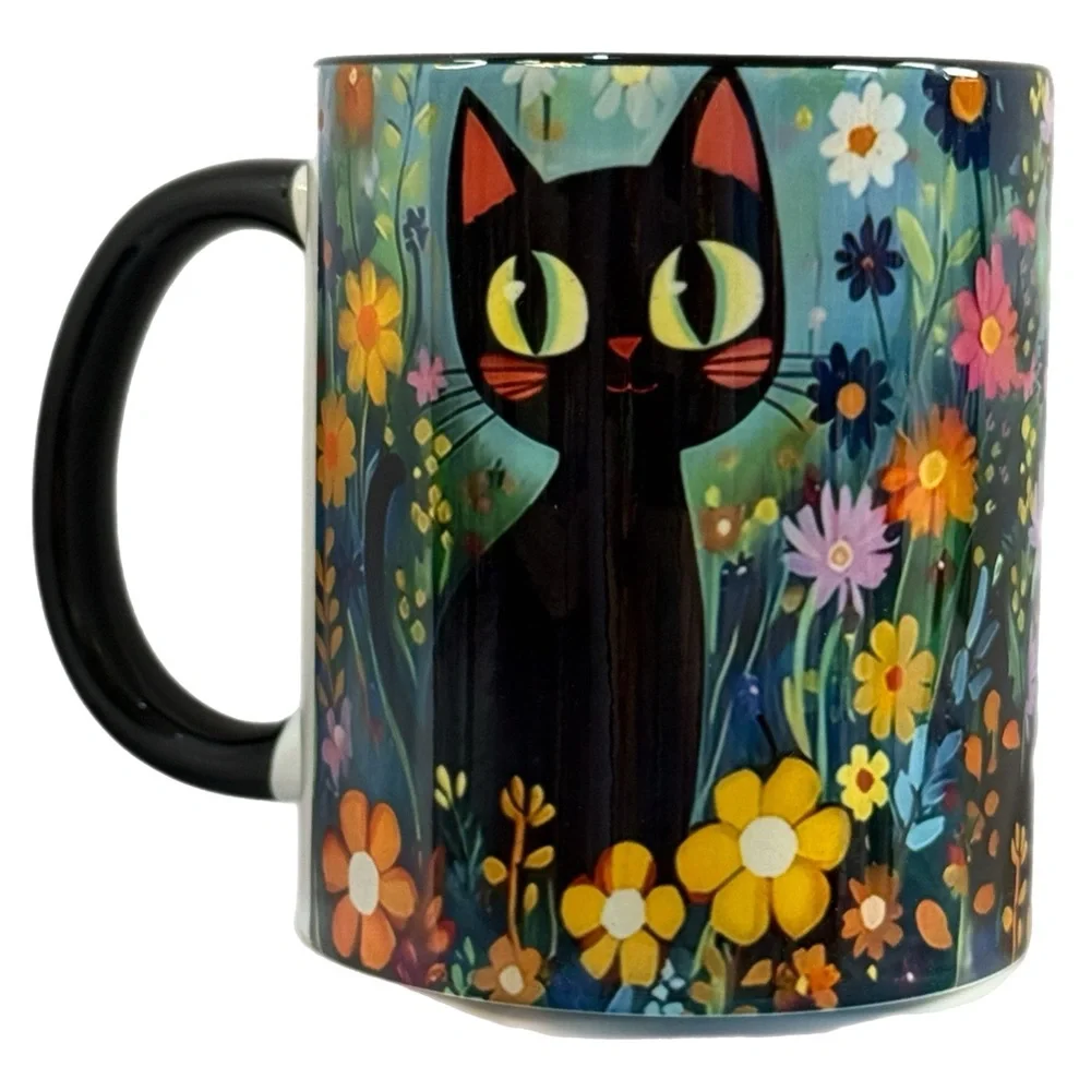 Cute Black Cat Floral Mug - Whimsical Garden Ceramic Cup - DiyTree - Fantasy Art - Picture 2 of 7